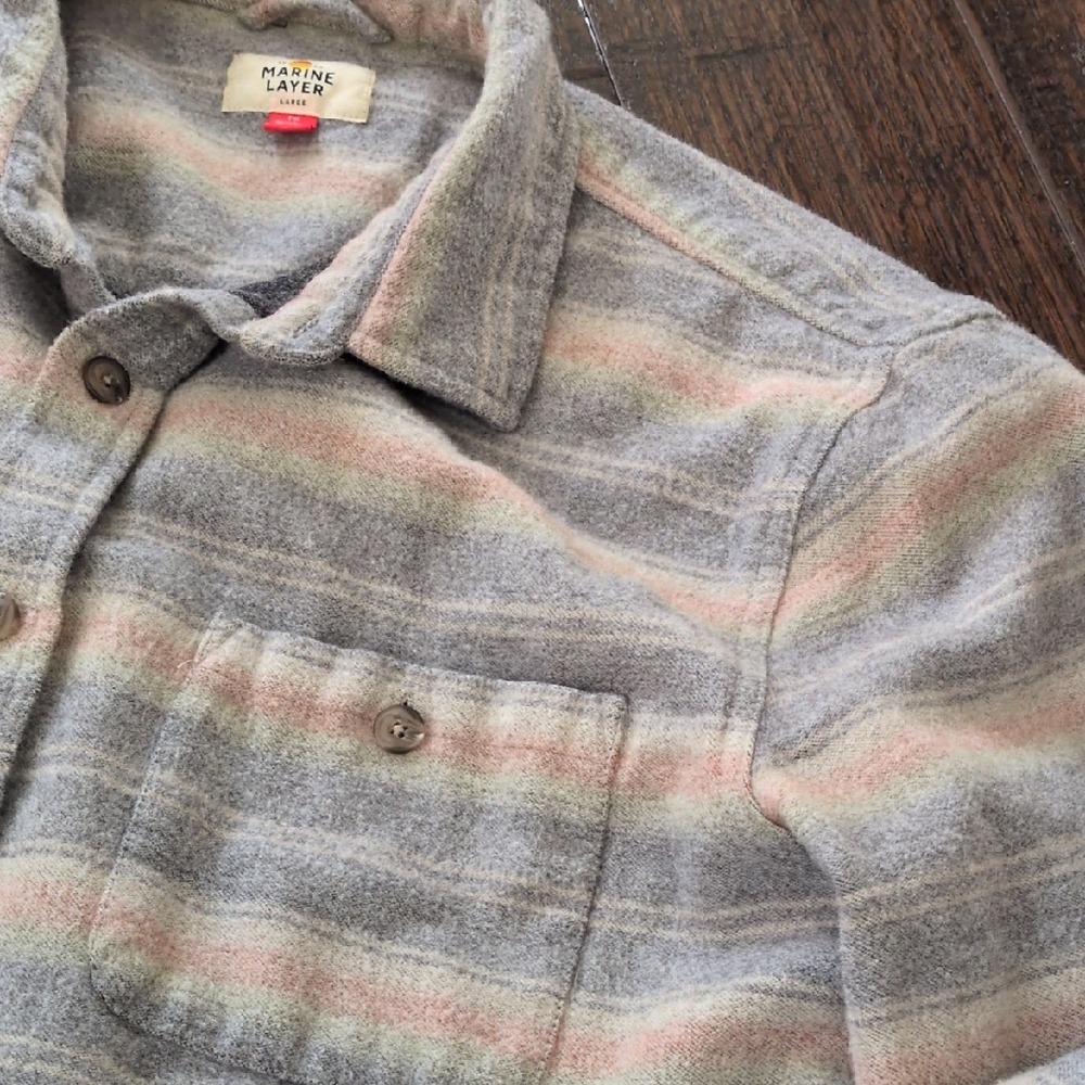 MARINE LAYER I Striped Vintage Style Cotton-Wool Blend Button Front Shirt, L - Picture 10 of 15